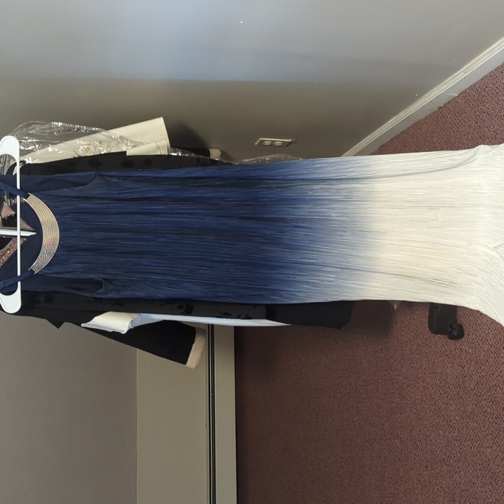 Blue and white goddess ombre dress. Mid length.  Built in necklace collar.
